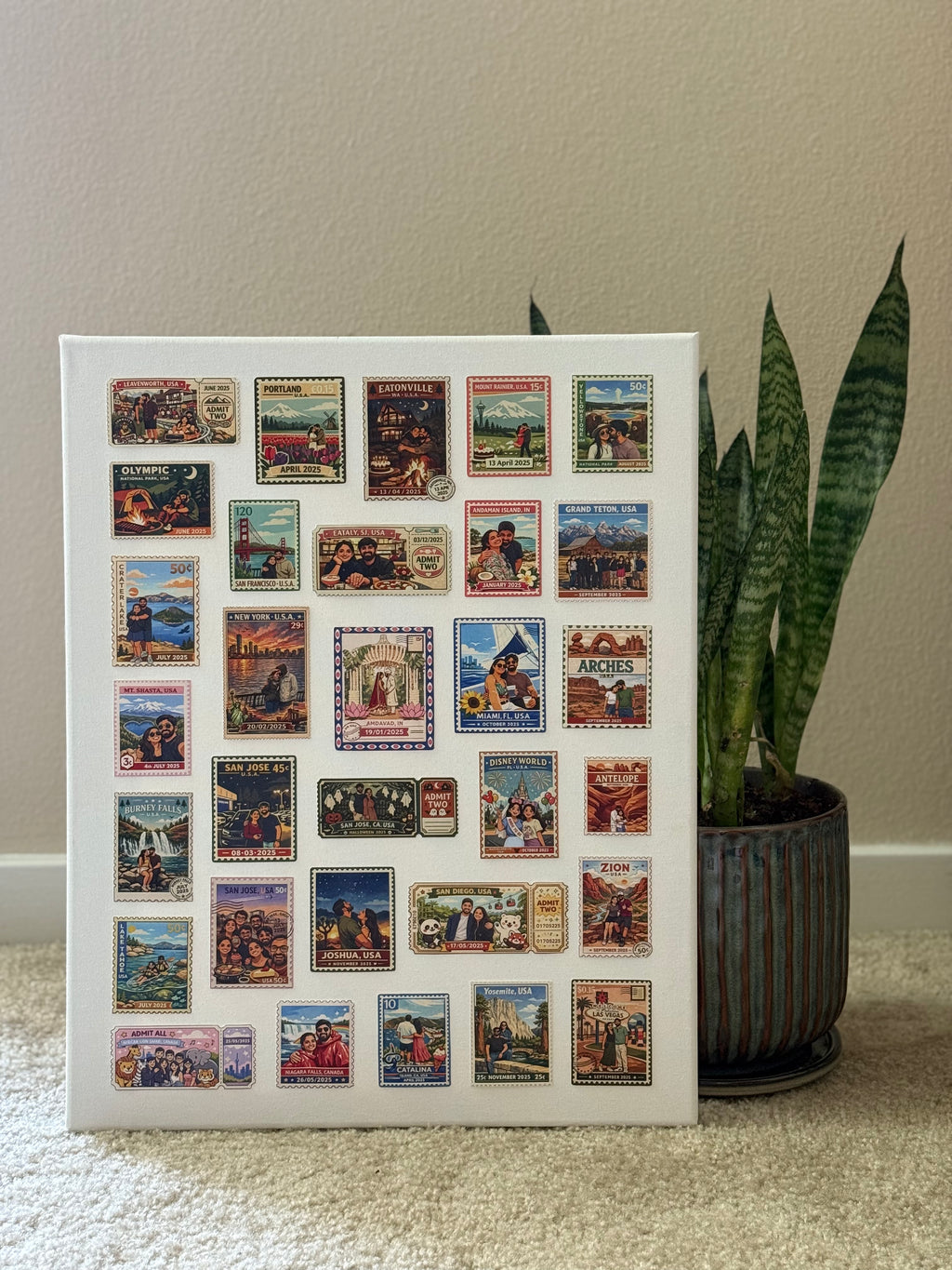 Custom Travel Stamp Collage – Personalized Photo & Memory Stretched Canvas